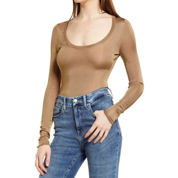 GOOD AMERICAN Scoop Neck Sheer Bodysuit, Pale Gold, Size 5 (2XL), NWT - Picture 2 of 6